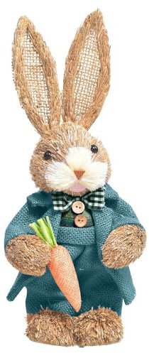 Generisch Osterhase Strohfigur mit Korb und Karotte, Stroh Hasen Figuren, Dekorative Sisal-Hase Statue für Frühling, Garten und Tisch, Osterdekorationen (C)