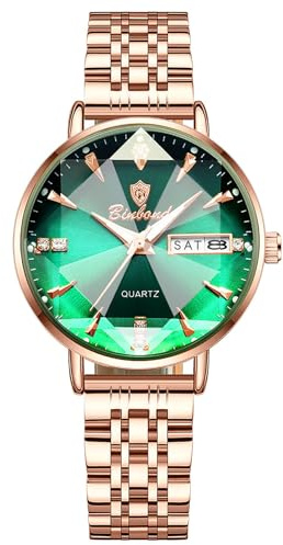 JewelryWe Damenuhr Edelstahl Leuchtend Uhr 30 Wasserdicht Kalender Analog Quarz Armbanduhr Damen Rosegold Edelstahlarmband Luxus Uhr mit Facettiert Glas, Leuchtzeiger, Leuchtendem Punktskala