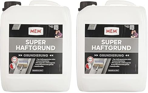 MEM Super-Haftgrund, Intensive Untergrundhaftung, Für saugende und nichtsaugende Untergründe, Lösemittelfrei, 5 l, Weiß (Packung mit 2)