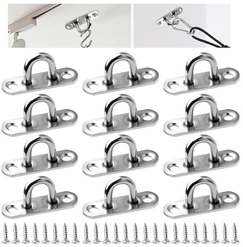 GEU 12 Pack M5 Pad Eye Plate Ceiling Hooks Stainless Steel Oblong Eye Plate Heavy Duty Hooks and Eyes U Shape Staple Hardware Ring Loop with Screws for Wall Ceiling Hanging Mount Suspension