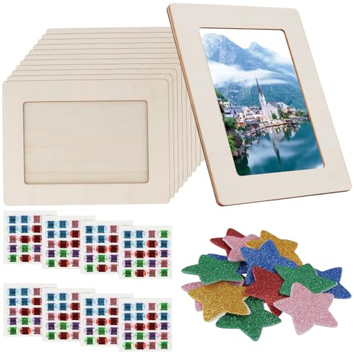 12 Stück Holzbilderrahmen zum Bemalen, Bilderrahmen zum Selbstgestalten | 20 x 15cm Leere Fotorahmen mit Ständer und Deko-Aufkleber für DIY Bastelprojekte, geburtstage, Home Decor