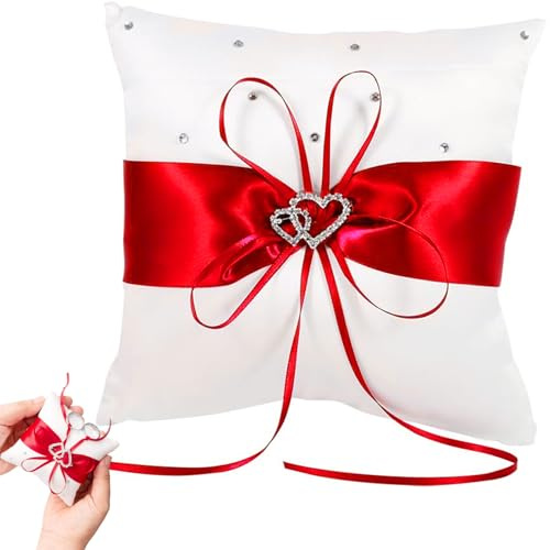 Qanye 1 Stück Elegantes Satin Kissen, 20x20 cm Ringkissen Hochzeit | 1 Stück, Vintage Quadratisch, Glitzerndes Doppelherz & Satinband, Ideal für Standesamt und Kirche