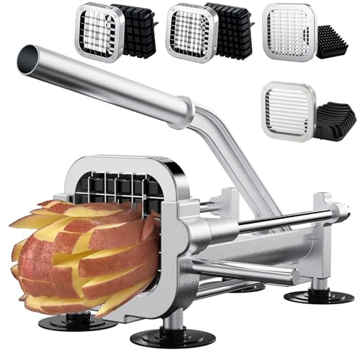 EASCANDY Chips Cutter, Stainless Steel Potato Chipper Machine, Heavy Duty Chip Maker for Homemade and Commercial, 1/2&1/4&3/8 Inch Blade & 8-Grid Fruit Slicer