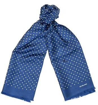 Chiccheria Seidenschal – 100% Seide – Made in Italy – hochwertiger Herrenschal mit Fransenabschluss | 180 cm | Polka Dots (gepunktet) (Blau-Weiß)