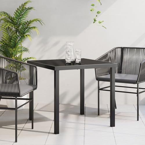 SKTQYQO Quadratischer Gartentisch Schwarz 80 x 80 x 73 cm aus gehärtetem Glas und pulverbeschichtetem Stahl für 4 Personen, moderner Gartentisch mit langlebigem und einfachem Design