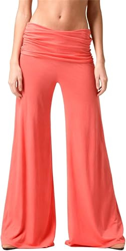 Coral Foldover Pants, Soft Stretch Yoga Palazzo Pants for Everyday, Workout, Travel & Casual Wear (S,Coral)