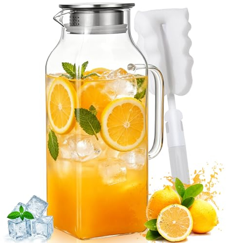 JITPOU Wasserkaraffe 2L Karaffe Glas mit Deckel Glaskaraffe | Quadratischer für Kühlschranktür Wasserkrug Glas Kaltes Heißes für Wasser Eistee Wein Saft Tee (Mit Becherbürste)
