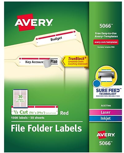 Avery TrueBlock File Folder Labels, 2/3 x 3-7/16, 1,500 Printable Labels, White/Red, Permanent (5066)