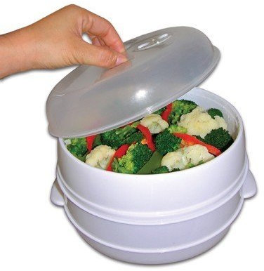 Microwave Steamer | Teletienda TV Envase para Cocinar al Vapor MicroWave Steamer, Vidrio Resistente a Microondas, Redonda, Blanco