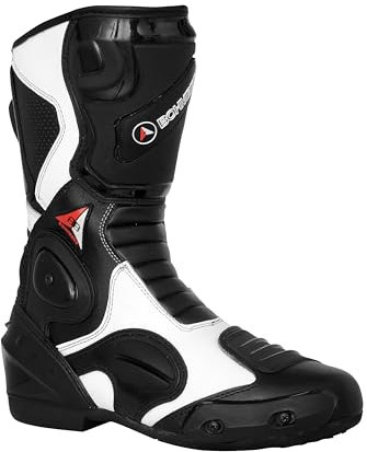Bohmberg Spartans Motorradstiefel Herren-ergonomisch-leicht, Motorradschuhe aus echtem Leder mit aufgesetzten Hartschalenprotektoren Schwarz-Weiss - EU 42