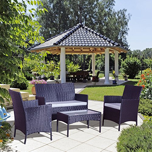 CONCEPT USINE | Ensemble Salon de Jardin en Résine Tréssée 4 Personnes | Design Mykonos Noir/Gris | Aspect Rotin | avec Table Basse Plateau en Verre Trempé | Résistant, Style Moderne, Imperméable