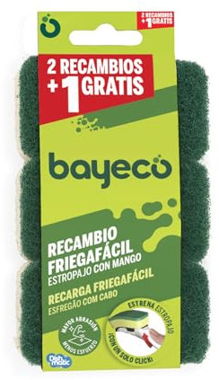 Bayeco - Recambio de Estropajo con Mango, Resistencia y Larga duración - Sistema de fácil colocación Click & Limpio - Color Verde - Pack 3 Unidades
