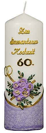 Meissner-Handel Auswahl * Stumpenkerze ''Zur Diamantenen Hochzeit'' * 6 x 18 cm * lila * mit farbigen Wachsauflagen * (Motiv 004) Auswahl Motiv + Farbe
