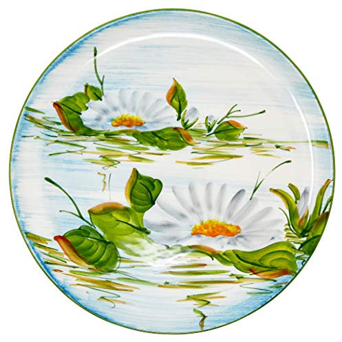 Lashuma Handgefertigter Keramikteller Motiv: Seerose, Großer Dekoteller Rund Ø 34 cm, Italienische Servierplatte Flach