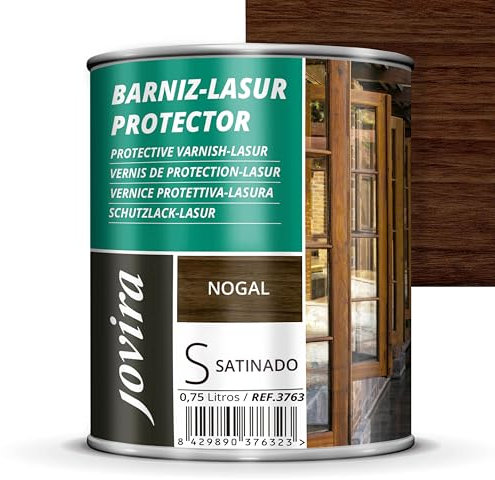 JOVIRA PINTURAS. BARNIZ LASUR PROTECTOR SATINADO (7 colores) Protege, decora y embellece todo tipo de madera (750 Mililitros, Nogal) H-42