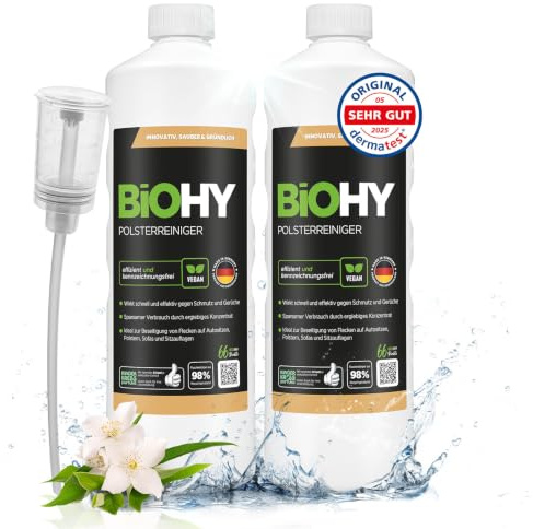 BiOHY Spezial Polsterreiniger (2 x 1 liter) + Dosierer | Konzentrat für Sofas, Polstermöbel, Teppiche & Textilien | für Nasssauger & Waschsauger | Fleckentferner | effektiver Textilerfrischer