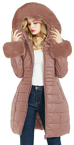 Geschallino Piumino Lungo da Donna Cappotto Parka con Inverno Imbottitura Bolle con Collo in Pelliccia Sintetica Rimovibile SS804 Rosa XXL