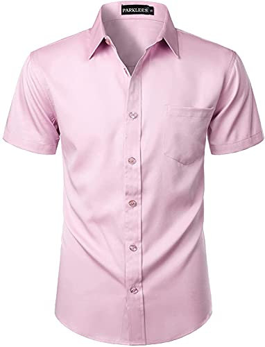 PARKLEES – Chemise décontractée à manches courtes et boutonnée pour homme avec poche, rose, L