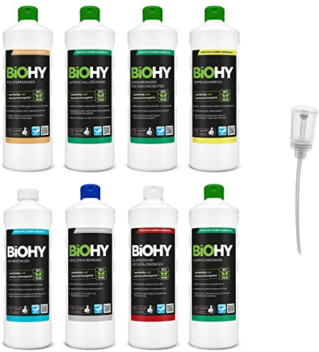 BiOHY Reinigungsmittel Kombi Set mit Dosierer (8 x 1 L) | für alle Anwendungsbereiche | kraftvoll & effizient | 100% vegane Reiniger ohne schädliches Mikroplastik