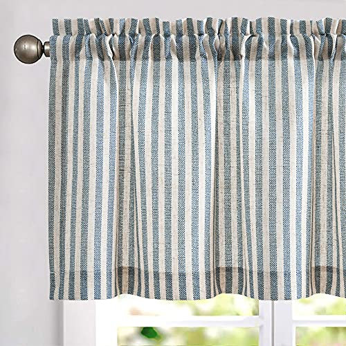 TOPICK 1 Stück H 40 x B 125 (cm) Scheibengardine Gestreift Leinen Gardinen mit Streifen Küchenvorhang Blickdicht Kurz Küchengardinen für Küchen Esszimmer Badezimmer Klein Fenster Blau auf Beige