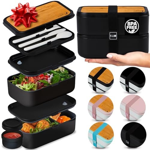 KARRICO Double Premium Bento Box Adult, 67 fl oz BPA-Free - Black Stackable Lunch Box with Leak-Proof Lids & Dividers, Perfect for Meal Prep, Lunches & Portion Control