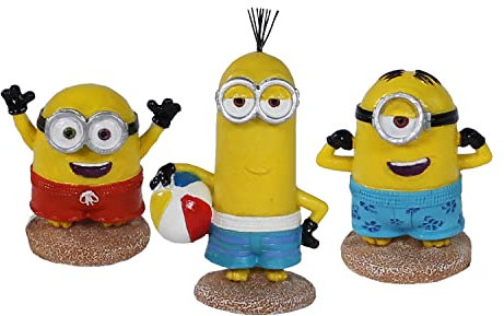 Penn-Plax Minions Officially Licensed 3-Piece Aquarium Ornament Bundle – Includes Kevin, Stuart, and Bob – Beach Themed – Small