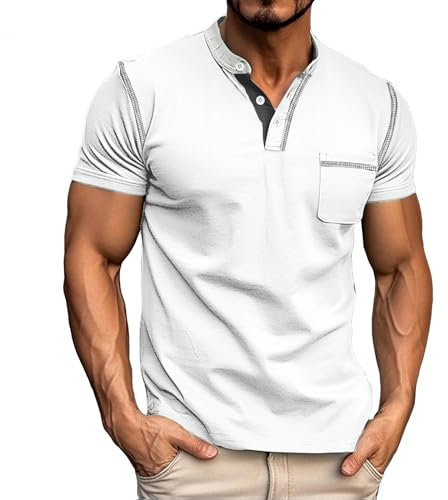 Donason Herren Henley Shirt Sommer Kurzarm Knopf T-Shirt mit Brusttasche und Grandad-Ausschnitt Kurzarmshirt Casual Basic Tops Tshirt für Männer