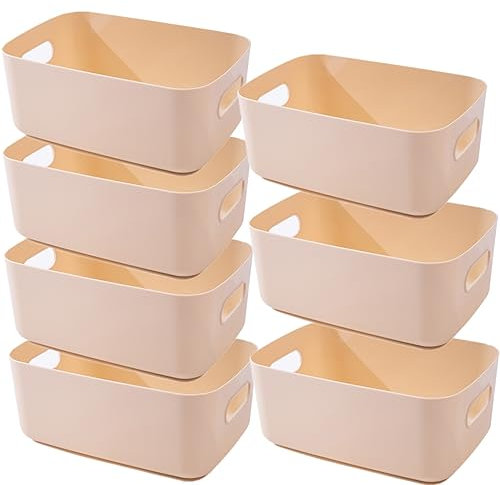 NCRGB 7 Aufbewahrungsbox Kunststoff Aufbewahrungskorb mit Griffen 25x18x10cm,Badezimmer Küchenschrank Organizer,Aufbewahrungskorb Aufbewahrungsbox Küche,Boxen Aufbewahrung für Küche,Bad,Beige