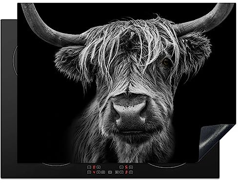 KitchenYeah© Induction Hob Protector Mat Stove Cap Top Cover Kitchen Cooker | 20.5x27.6 / 70x52 cm - Covers for Electric Hobs Vinyl Scottish Highlander - Horns - Black - White - Cow