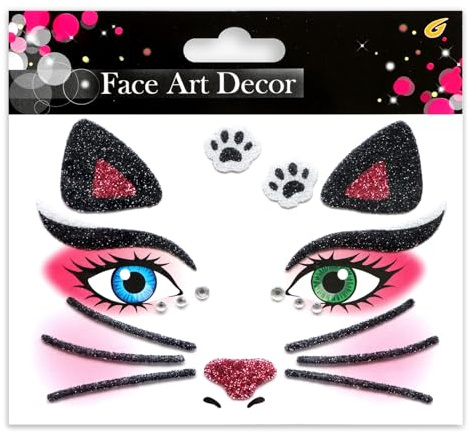 Katze Tattoo Gesicht, Glitzer Gesichtstattoo Karneval, Temporäres Glitter Gesichtssticker für Karneval, Fasching, Motto Party, Kinder & Erwachsene