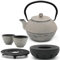 Asia Teekanne Gusseisen Set 1.1 Liter - grauer Teekessel & Edelstahl-Filter-Einsatz für losen Tee & Teebecher (2 Tassen) & Stövchen & Untersetzer