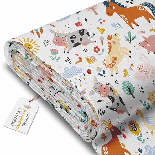 DreamRoots Segeltuch Wasserdicht - Polsterstoff Meterware 160 cm breit - Wasserabweisender Stoff 220 g/m2 600D - Markisenstoff Wasserdicht Meterware Friendly Animals Laufmeter