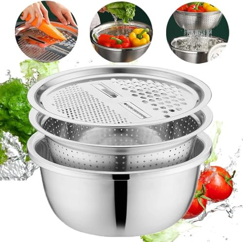 SHAIRMB Lavabo De Acero Inoxidable, Nuevo Juego De Colador Colador, Ensaladera 3 En 1 Colador De Lavado De Verduras, Enjuagadora De Arroz Ralladores De Comida, Colador De Cocina,10.2 Inch