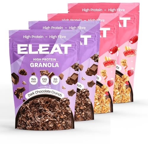 ELEAT | High Protein Healthy Granola | Dark Chocolate & Mixed Berries Crunch Cereal Breakfast | Low Sugar & High Fibre Snack | Variety Pack 4 x 300g