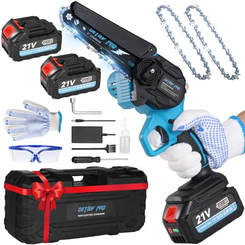 DETLEV PRO Mini Motosega a Batteria per Potatura con 8000mAh Batterie, 6 Pollici Motosega da Potatura con Blocco di Sicurezza e Sistema di olio automatico per il Taglio del Legno Giardini