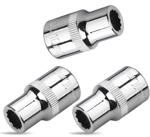 Professional 3-Piece Socket Set, 10mm 12-Point Shallow Socket, 1/2 Inch Drive