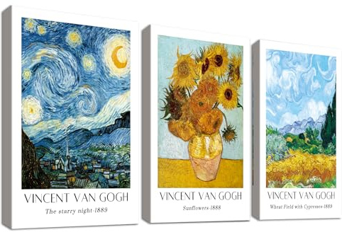 3Pcs Vincent Van Gogh Die Sternennacht Leinwand Bilder Set Mit Rahmen Poster Sonnenblumen Blumen Bild auf Leinwand Malerei Abstrakte Landschaft Wandbilder Wohnzimmer Schlafzimmer Wanddeko 40x60cm x3