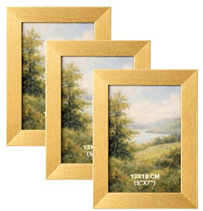 BH | 5x7 Gold Picture Frame Set of 3 | 13 x 18cm Wood Photo Frame with Glass Front | Tabletop and Wall Mounting Display | Horizontal or Vertical Use for Living Room, Bedroom & Office - by Best House