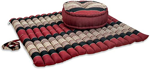 livasia Meditationsset XL - Ø 38x15cm / Matte 75x75x4,5cm - Yogaset mit Kissen und Matte, Pouf, Yogamatte und Yogakissen mit Kapok handgefertigt, Bodenkissen Outdoor, Zafukissen (Rot/Schwarz)