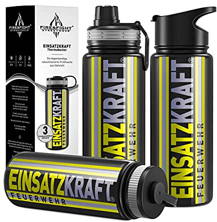 XL Thermosflasche - Einsatzkraft Feuerwehr Geschenkidee - Edelstahl vakuumisoliert doppelwandig 530 ml Trinkbecher 3 auslaufsichere Verschlüsse Dienst Sport Reisen