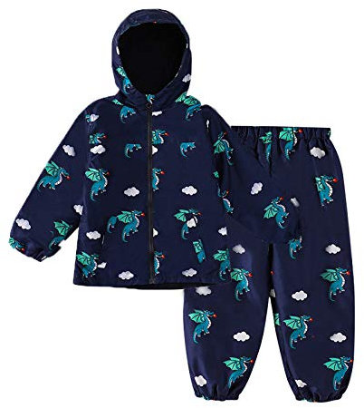 LZH Bambini Impermeabile Ragazzi Giacca con Cappuccio Dinosauro Cappotto + Pantaloni Set