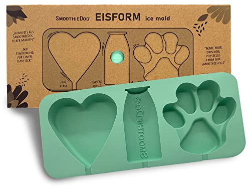 SmoothieDog Eisform für Hundeeis - 27,2x12,2x2,6cm - BPA-freie Hundeeis-Form aus 100% Silikon, mit DREI Motiven, Herz-, Pfoten- und Flaschenform