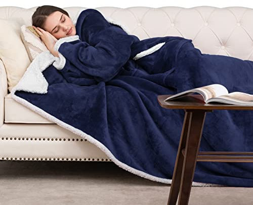 HBselect Kuscheldecke mit Ärmeln Sofa Baumwolle Hochwertige Wolldecke mit Ärmeln geeignet für Erwachsene Damen Herren Warme Bequeme superweich