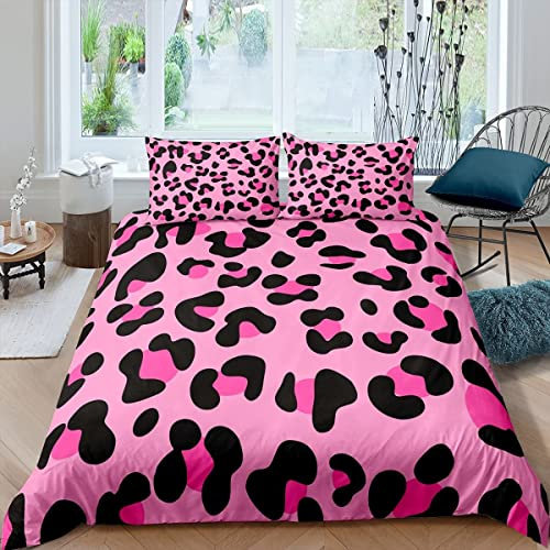 Leopard Print Bedding Duvet Cover Set Double Size For Kid Teen Adult Cheetah Leopard Decotive 3 Piece Comforter Cover Set And 2 Pillow Sham Africa Animal Theme Pink Black