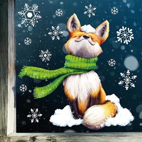 Wandtattoo Loft Fensterbilder Weihnachten mit Fuchs und Schneeflocken – Wiederverwendbar – A4 Bogen, 43 Sticker – Weihnachstdeko Fenster Kinderzimmer, Weihnachtsbilder Fenster, Fensterbild Winter