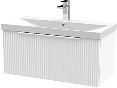 Hudson Reed DFF196D Fluted Modern Bathroom Wall Hung 1 Drawer Vanity Basin Unit with Thin-Edge Ceramic Basin, 800mm, Satin White