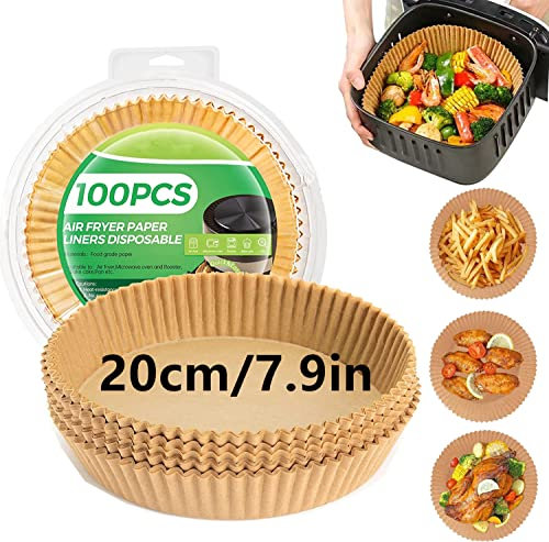 Backpapier Airfryer Rund, 100 Stück Airfryer Backpapier Antihaft Wasserdicht Ölfest Einwegschalen Luftfritteuse Pergamentpapier Liner für Heißluftfritteuse Bratpfanne Ofen Mikrowelle (7.9in)