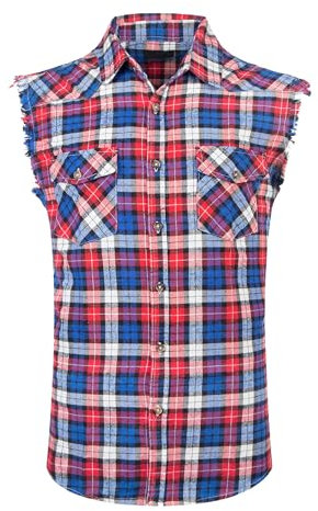 Iris Sprite Chemise décontractée à Carreaux sans Manches en Flanelle boutonnée pour Homme, Coupe Ample avec Poche, Rouge Bleu -A210, M