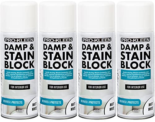 Pro-Kleen Damp & Stain Block Spray Paint Primer White Matt 4 x 400ml - Covers Damp, Mould, Grease, Nicotine & Rust Stains - For Walls & Ceilings - Leaves a Waterproof Barrier