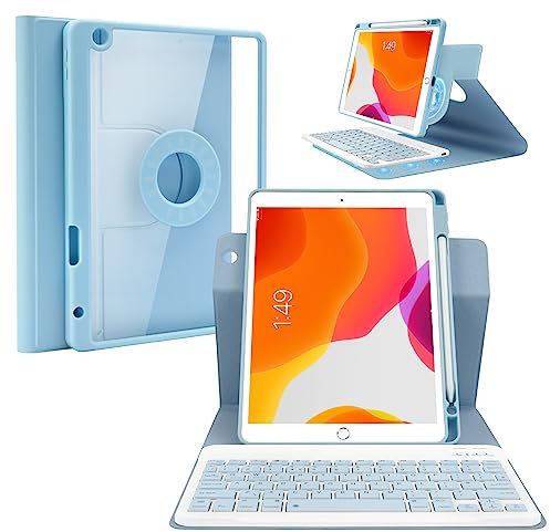 LAMA Keyboard Case for iPad 10.2 inch (9th 2021/8th 2020/7th 2019), 360 Rotatable Thin Slim Cover with Pen Holder, 10.2 inch Wireless Detachable Keyboard Cover, Blue